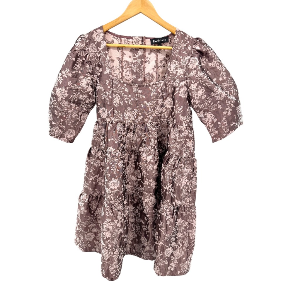 En Saison Jacquard Floral Puff Sleeve Tiered Mini Dress Mauve Pink Brown L